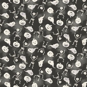 medium halloween dancing skeleton pumpkin and ghost in black watercolor texture