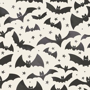medium scale halloween watercolor textured flying bats and stars in black and cream