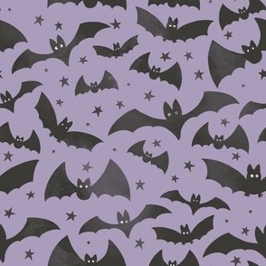 medium scale halloween watercolor textured flying bats and stars in black and purple