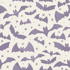 medium scale halloween watercolor textured flying bats and stars in lilac purple