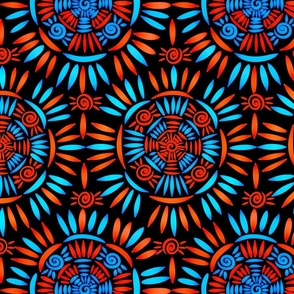 Bohemian Mandala Crochet Pattern - Bioluminescence Boho Medallion - Ancient Ethnic Ornament Obereg - Folk Magic Shamanic Tribal Mood - Bright Cyan Blue Sea Shade - Scarlet Red Orange  - on Black Middle