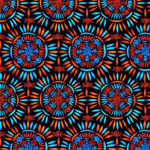 Bohemian Mandala Crochet Pattern - Bioluminescence Boho Medallion - Ancient Ethnic Ornament Obereg - Folk Magic Shamanic Tribal Mood - Bright Cyan Blue Sea Shade - Scarlet Red Orange  - on Black Small