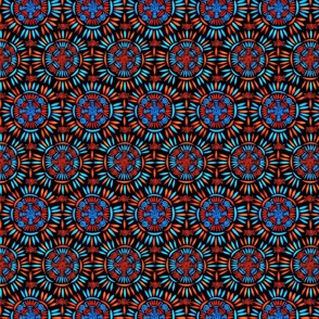Bohemian Mandala Crochet Pattern - Bioluminescence Boho Medallion - Ancient Ethnic Ornament Obereg - Folk Magic Shamanic Tribal Mood - Bright Cyan Blue Sea Shade - Scarlet Red Orange  - on Black 2 Smaller
