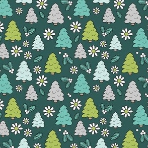 Christmas trees and daisies - seasonal nineties retro holidays design seventies green teal aqua blue on ocean green