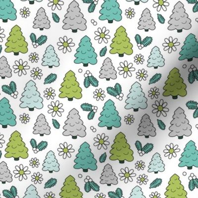 Christmas trees and daisies - seasonal nineties retro holidays design seventies green teal blue aqua on white