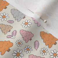 Christmas trees and daisies - seasonal nineties retro holidays design seventies peach orange pink on tan pastel