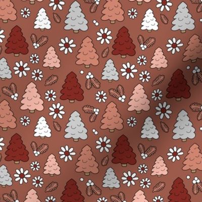 Christmas trees daisies and mistletoe  - seasonal nineties retro holidays design seventies orange blush red rust