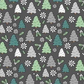Christmas trees daisies and mistletoe  - seasonal nineties retro holidays design seventies green mint teal on charcoal gray