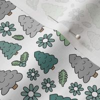 Christmas trees daisies and mistletoe  - seasonal nineties retro holidays design seventies green mint teal on white