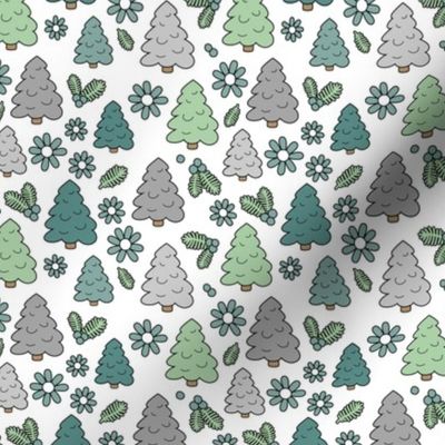 Christmas trees daisies and mistletoe  - seasonal nineties retro holidays design seventies green mint teal on white