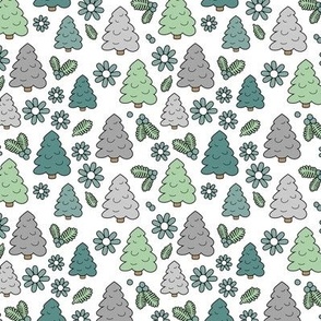 Christmas trees daisies and mistletoe  - seasonal nineties retro holidays design seventies green mint teal on white