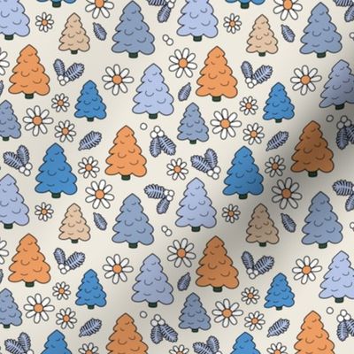 Christmas trees daisies and mistletoe  - seasonal nineties retro holidays design seventies neutral orange blue on sand