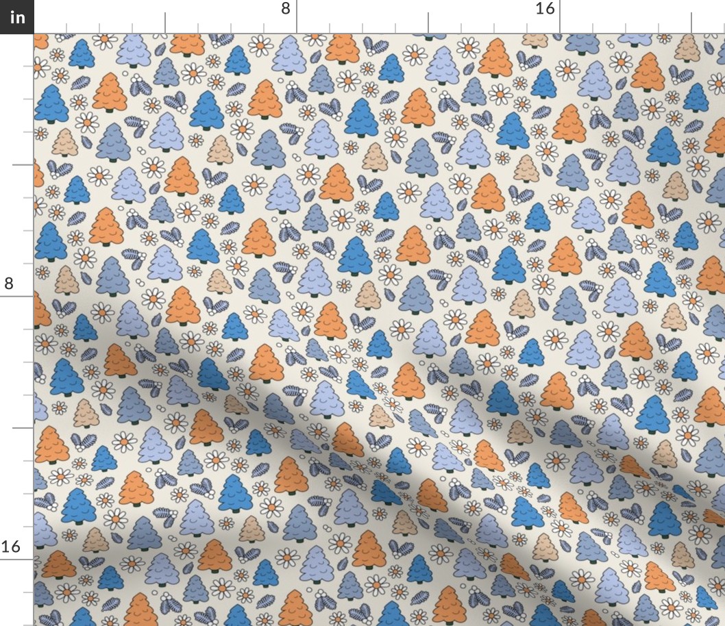 Christmas trees daisies and mistletoe  - seasonal nineties retro holidays design seventies neutral orange blue on sand