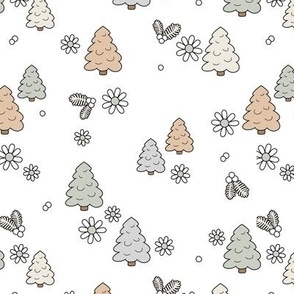 Spaced Christmas trees daisies and mistletoe  - seasonal nineties retro holidays design seventies neutral blush beige gray in white 