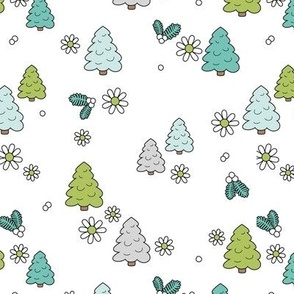 Spaced Christmas trees and daisies - seasonal nineties retro holidays design seventies green teal blue aqua on white