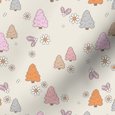 Spaced Christmas trees and daisies - seasonal nineties retro holidays design seventies peach orange pink on tan pastel