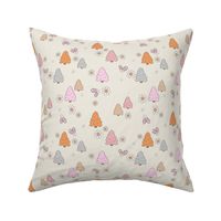 Spaced Christmas trees and daisies - seasonal nineties retro holidays design seventies peach orange pink on tan pastel