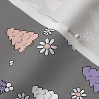 Christmas trees daisies and mistletoe  - seasonal nineties retro holidays design seventies lilac blush pink on charcoal gray