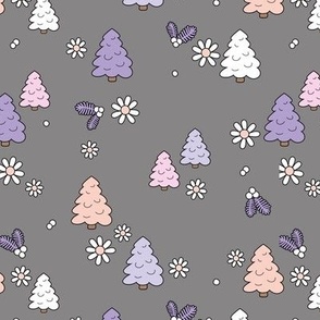 Christmas trees daisies and mistletoe  - seasonal nineties retro holidays design seventies lilac blush pink on charcoal gray