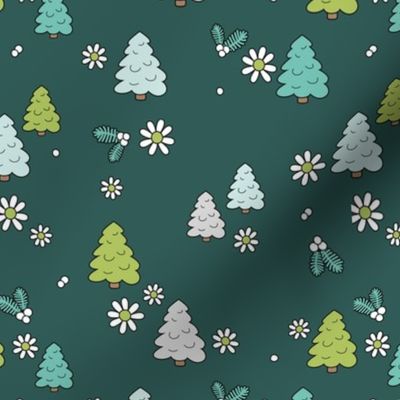 Spaced Christmas trees and daisies - seasonal nineties retro holidays design seventies green teal aqua blue on ocean green