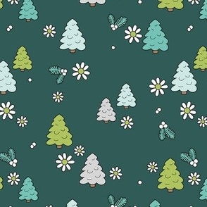 Spaced Christmas trees and daisies - seasonal nineties retro holidays design seventies green teal aqua blue on ocean green