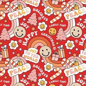 Retro Happy Holidays - Christmas smileys and rainbows pine trees presents and stars seasonal vintage seventies style boho kids design orange pink yellow on red SMALL