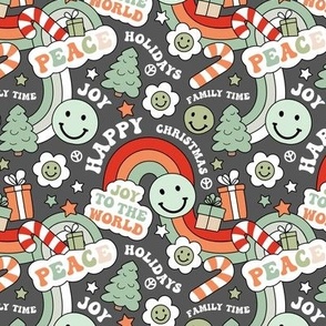 Retro Happy Holidays - Christmas smileys and rainbows pine trees presents and stars seasonal vintage seventies style boho kids design red orange mint green on charcoal gray  SMALL