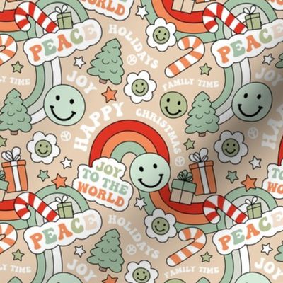 Retro Happy Holidays - Christmas smileys and rainbows pine trees presents and stars seasonal vintage seventies style boho kids design red orange mint green on beige sand SMALL