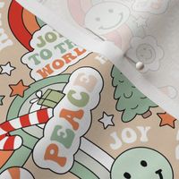 Retro Happy Holidays - Christmas smileys and rainbows pine trees presents and stars seasonal vintage seventies style boho kids design red orange mint green on beige sand SMALL