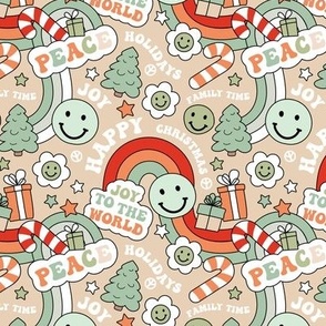 Retro Happy Holidays - Christmas smileys and rainbows pine trees presents and stars seasonal vintage seventies style boho kids design red orange mint green on beige sand SMALL