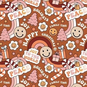 Retro Happy Holidays - Christmas smileys and rainbows pine trees presents and stars seasonal vintage seventies style boho kids design burnt orange rust pink blush SMALL