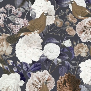 retro floral with birds- neutral shades on black