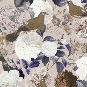 retro floral with birds- neutral tones with violet