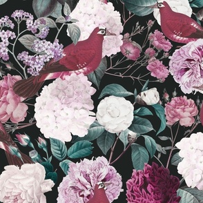 retro floral with birds- pink and cream on black