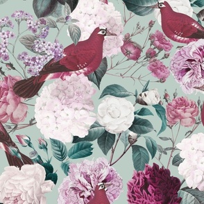 retro floral with birds- pink and cream on mint green