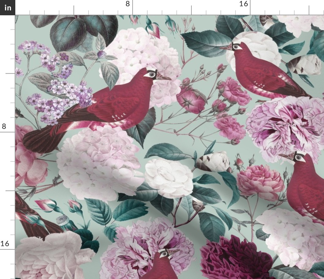 retro floral with birds- pink and cream on mint green