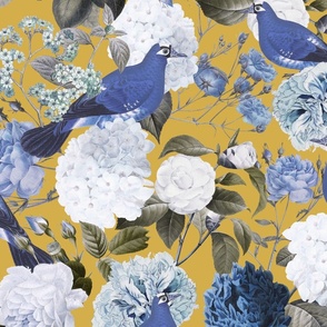 retro floral with birds- blue on oriental yellow 