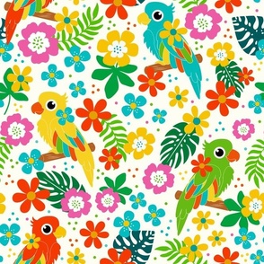 Large Scale Joyful Jungle Birds Tropical Flowers and Leaves on Ivory