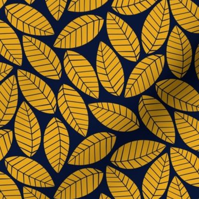 Magical Leaves || Yellow Leaves on Navy Blue  || Magical Christmas Collection by Sarah Price