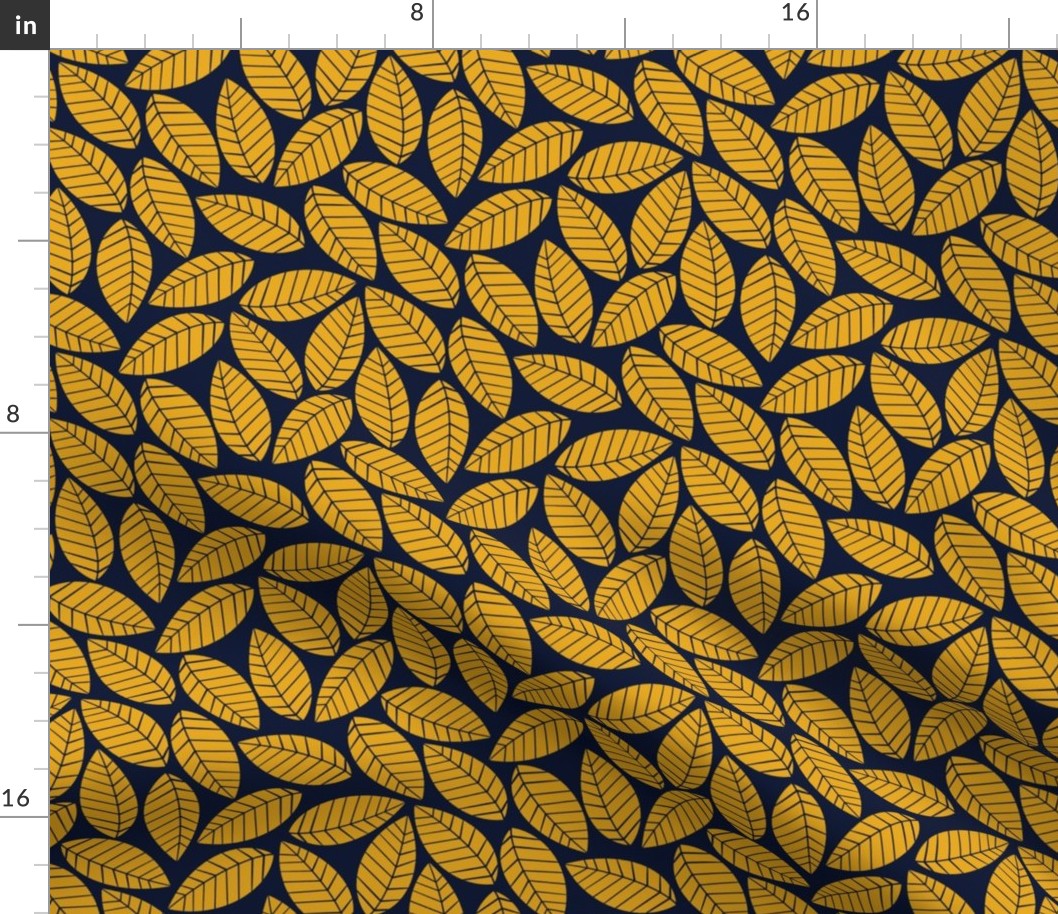 Magical Leaves || Yellow Leaves on Navy Blue  || Magical Christmas Collection by Sarah Price