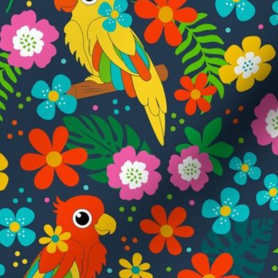 Large Scale Joyful Jungle Birds Tropical Flowers and Leaves on Navy