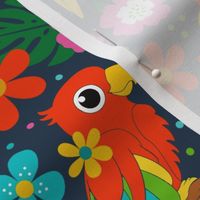 Large Scale Joyful Jungle Birds Tropical Flowers and Leaves on Navy