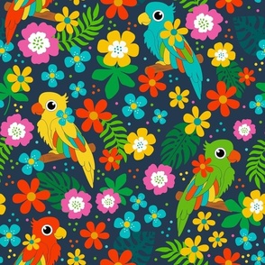 Large Scale Joyful Jungle Birds Tropical Flowers and Leaves on Navy
