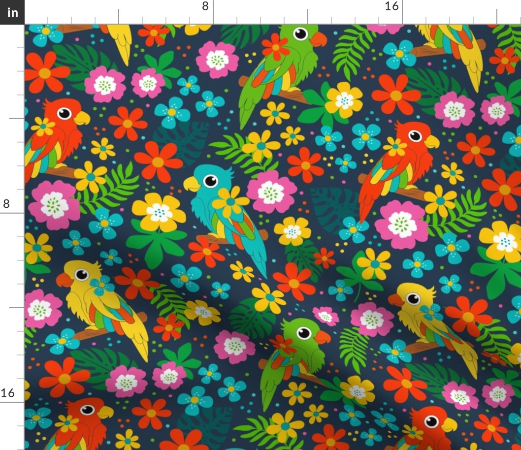 Large Scale Joyful Jungle Birds Tropical Flowers and Leaves on Navy