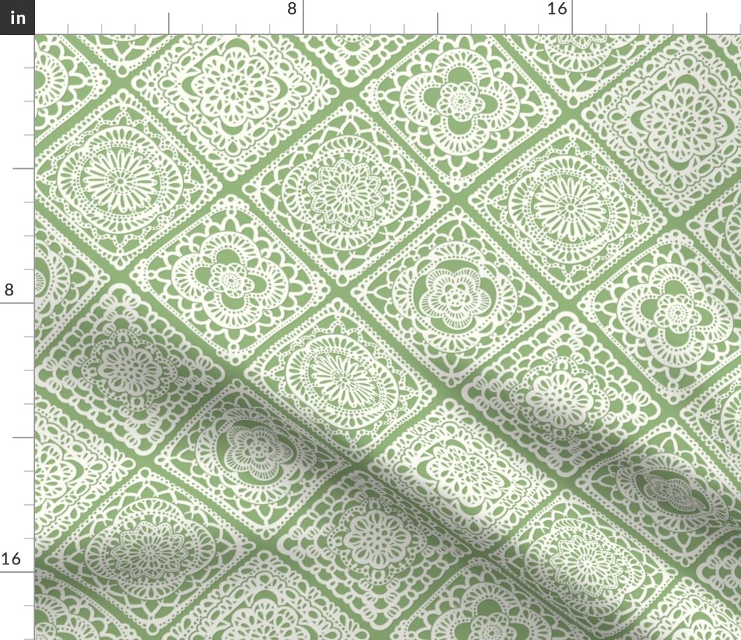 Cozy Granny Squares Diagonal- Grass Green- Bohemian Summer- Spring-  White- Vintage Lace- Boho Crochet -Small