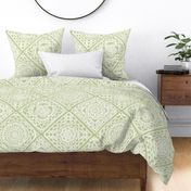 Cozy Granny Squares Diagonal- Pastel Green- Bohemian Summer- Spring-  White- Vintage Lace- Boho Crochet- Gender Neutral Nursery Wallpaper- Extra Large