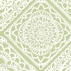 Cozy Granny Squares Diagonal- Pastel Green- Bohemian Summer- Spring-  White- Vintage Lace- Boho Crochet- Gender Neutral Nursery Wallpaper- Medium