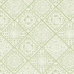 Cozy Granny Squares Diagonal- Pastel Green- Bohemian Summer- Spring-  White- Vintage Lace- Boho Crochet- Gender Neutral Nursery Wallpaper- Mini