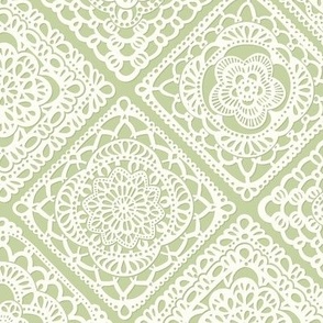 Cozy Granny Squares Diagonal- Pastel Green- Bohemian Summer- Spring-  White- Vintage Lace- Boho Crochet- Gender Neutral Nursery Wallpaper- Small