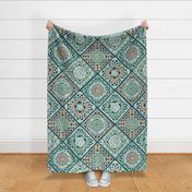 Cozy Granny Squares Diagonal- Victorian Greenhouse- Bohemian Spring- Coral- Teal- Green- White- Vintage Lace- Boho Crochet- Gender Neutral Nursery Wallpaper- Extra Large